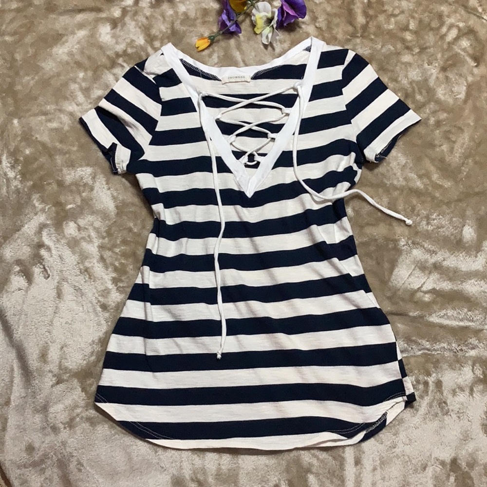 Promesa Lace Up Nautical Striped Top Tee